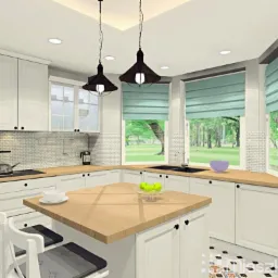 Jasna kuchnia w stylu rustykalnym z wyspą, białymi szafkami, drewnianym blatem, mozaiką na ścianie i widokiem na zieleń za oknem.