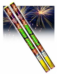 Dwa długie, kolorowe fajerwerki typu rzymskie ognie na tle rozbłyskujących sztucznych ogni. Etykieta z napisem '10 Shots'.