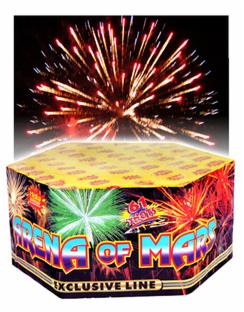 Wielobarwna bateria fajerwerków Arena of Mars na czarnym tle nocnego nieba, z eksplozją sztucznych ogni w górnej części kadru. Unikalny sześciokątny kształt opakowania.