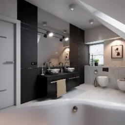 Nowoczesna łazienka na poddaszu z marmurowymi płytkami, podwójną umywalką w metalowych misach na czarnym blacie, wiszącą toaletą i bidetem, oświetleniem punktowym i obrazem na ścianie.