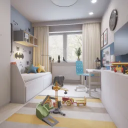 Pokój dziecięcy z motywem Batmana, białe meble, łóżko z gwiazdkowymi poduszkami, biurko z błękitnym krzesłem, zabawki budowlane na dywanie w paski.