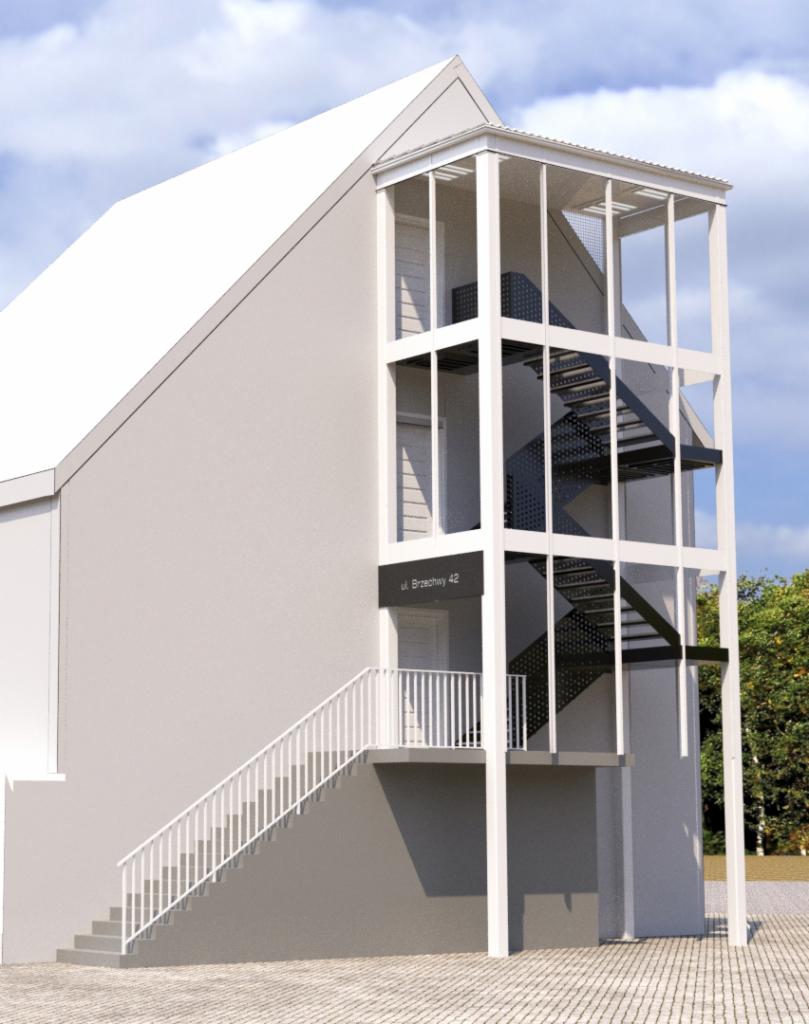 Wizualizacja zewnętrznych schodów metalowych z balustradą, prowadzących do budynku z szarą elewacją. Schody w metalowej klatce, widoczne niebo i drzewa w tle.