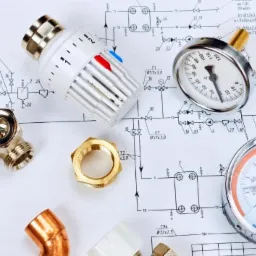 Elementy instalacji centralnego ogrzewania: głowica termostatyczna, manometry, złączki mosiężne i kształtki miedziane ułożone na schemacie instalacji.