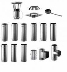 Zestaw elementów kominowych ze stali nierdzewnej: rury, daszek, wyczystka i akcesoria. Widok z góry, na białym tle.