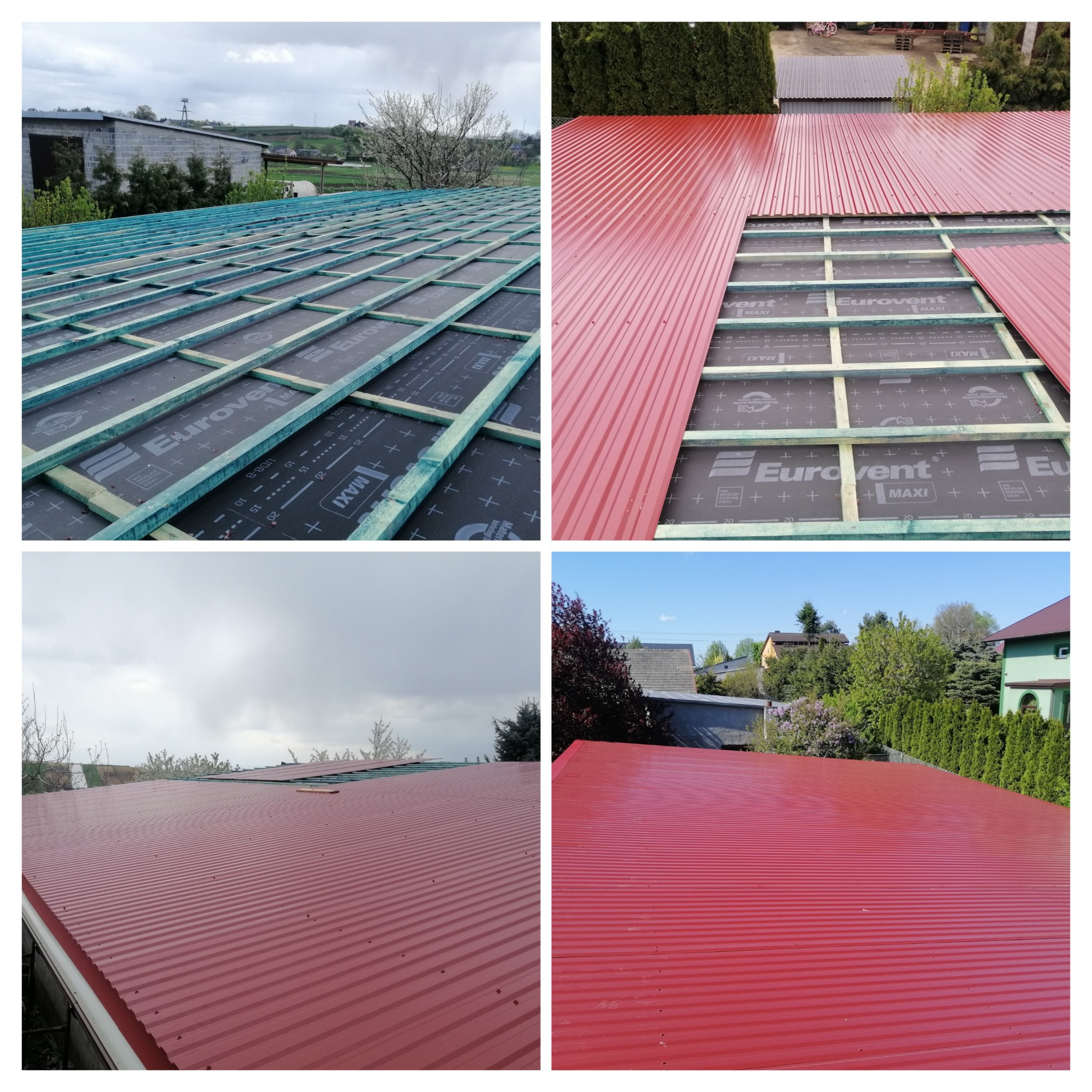 Czteropanelowe ujęcie: Etapy montażu dachu z blachy trapezowej w kolorze czerwonym. Widoczne drewniane łaty, membrana dachowa Eurovent Maxi oraz gotowa powierzchnia dachu na tle zabudowań i zieleni.