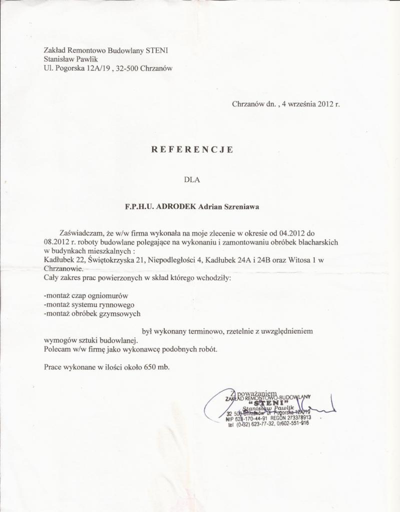 Skan dokumentu referencyjnego od Zakładu Remontowo Budowlanego STENI, potwierdzający wykonanie obróbek blacharskich, montażu czap ogniomurów, systemu rynnowego i obróbek gzymsowych w budynkach...