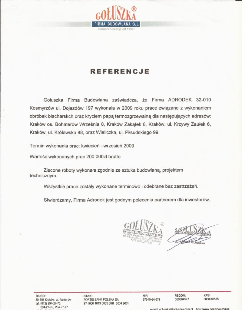 Skan dokumentu referencyjnego od Gołuszka Firma Budowlana S.J. dla firmy Adrodek, potwierdzający wykonanie obróbek blacharskich i krycia papą termozgrzewalną w Krakowie i Wieliczce w 2009 roku.