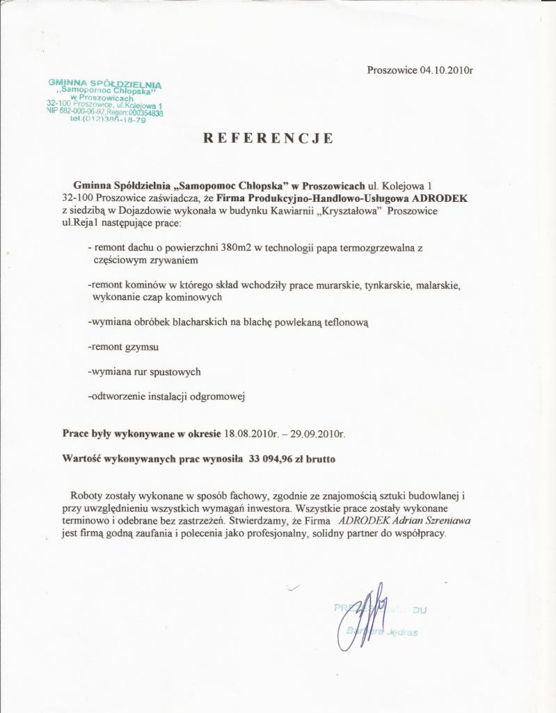 Skan dokumentu referencyjnego dla firmy budowlanej Adrodek, potwierdzający wykonanie remontu dachu, kominów, obróbek blacharskich, gzymsu, rur spustowych oraz odtworzenie instalacji odgromowej...