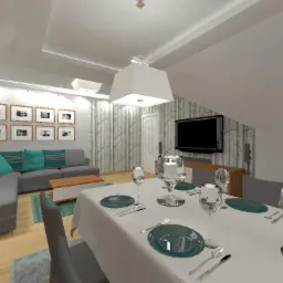 Wizualizacja wnętrza jadalni z salonem: stół z nakryciem w odcieniach szarości i turkusu, szara sofa z turkusowymi poduszkami, ściana z motywem drzew, telewizor na ścianie, nowoczesne oświetlenie.