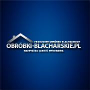 Logo firmy obróbki-blacharskie.pl na gradientowym, ciemnoniebieskim tle. Srebrny napis z grafiką domu i hasłem 'Najwyższa jakość wykonania'.