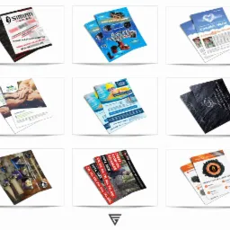 Kolekcja ulotek reklamowych i wizytówek, prezentująca różnorodne projekty graficzne z różnych branż, od odzieży plus size po usługi fundacji i sprzedaż węgla.