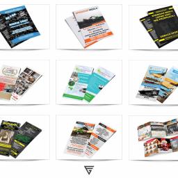 Fast-Graphic - Zestaw ulotek i broszur reklamowych różnych firm, w tym oferty sprzedaży węgla, mebli i usług czyszczenia parowego, ułożonych pod różnymi kątami na białym tle.
