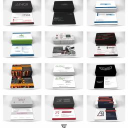 Fast-Graphic - Kompilacja wizualizacji projektów wizytówek z różnymi motywami, kolorami i układami graficznymi, ułożonych w stosy na białym tle.