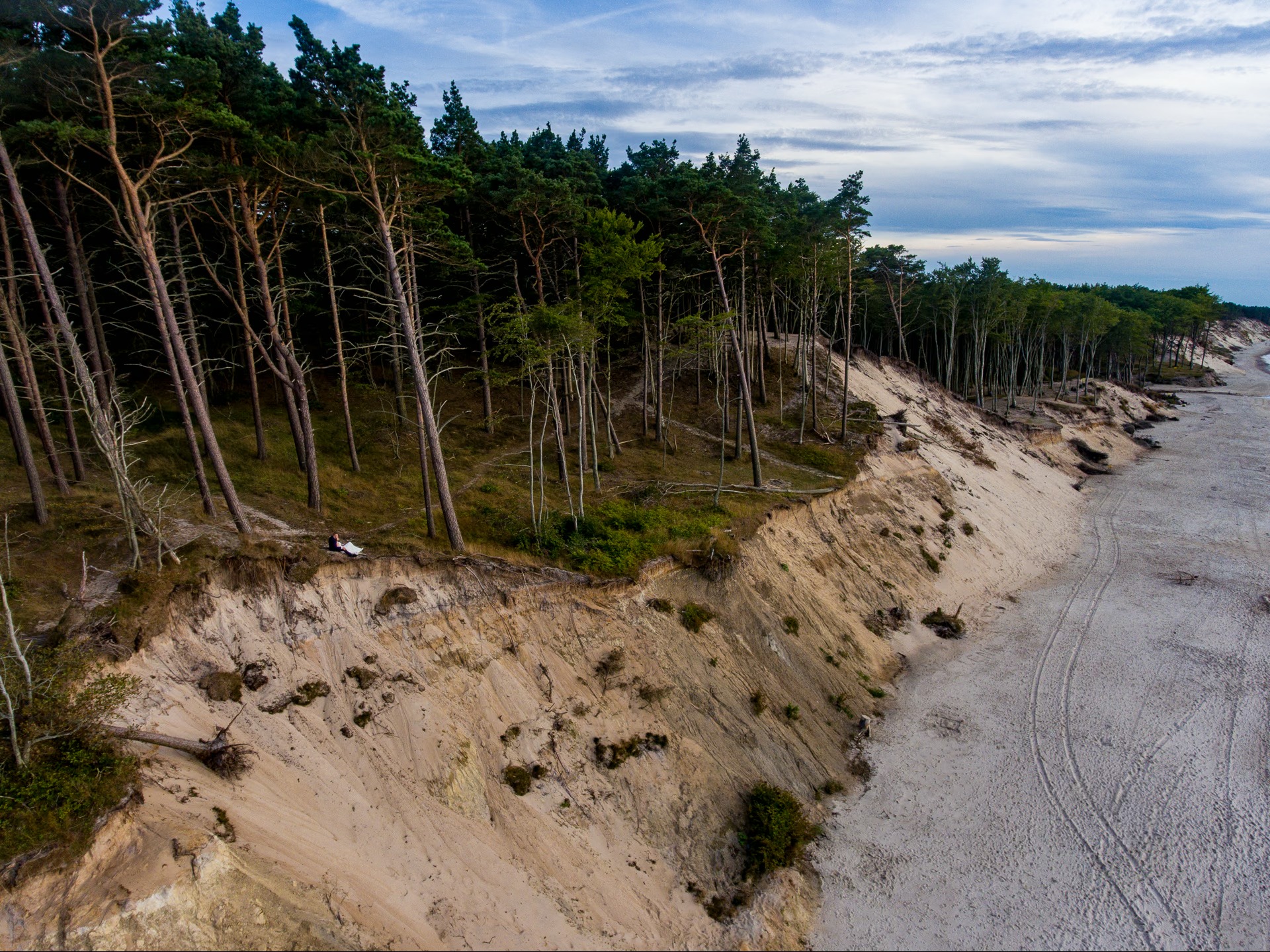 Szeroki kadr z lotu ptaka ukazuje klif porośnięty lasem iglastym, obok piaszczysta plaża z wyraźnymi śladami opon. Na klifie leży osoba w ciemnym ubraniu.