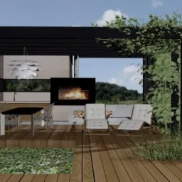 Wizualizacja zadaszonej przestrzeni zewnętrznej z kominkiem, jadalnią i wypoczynkiem, porośniętej bluszczem.