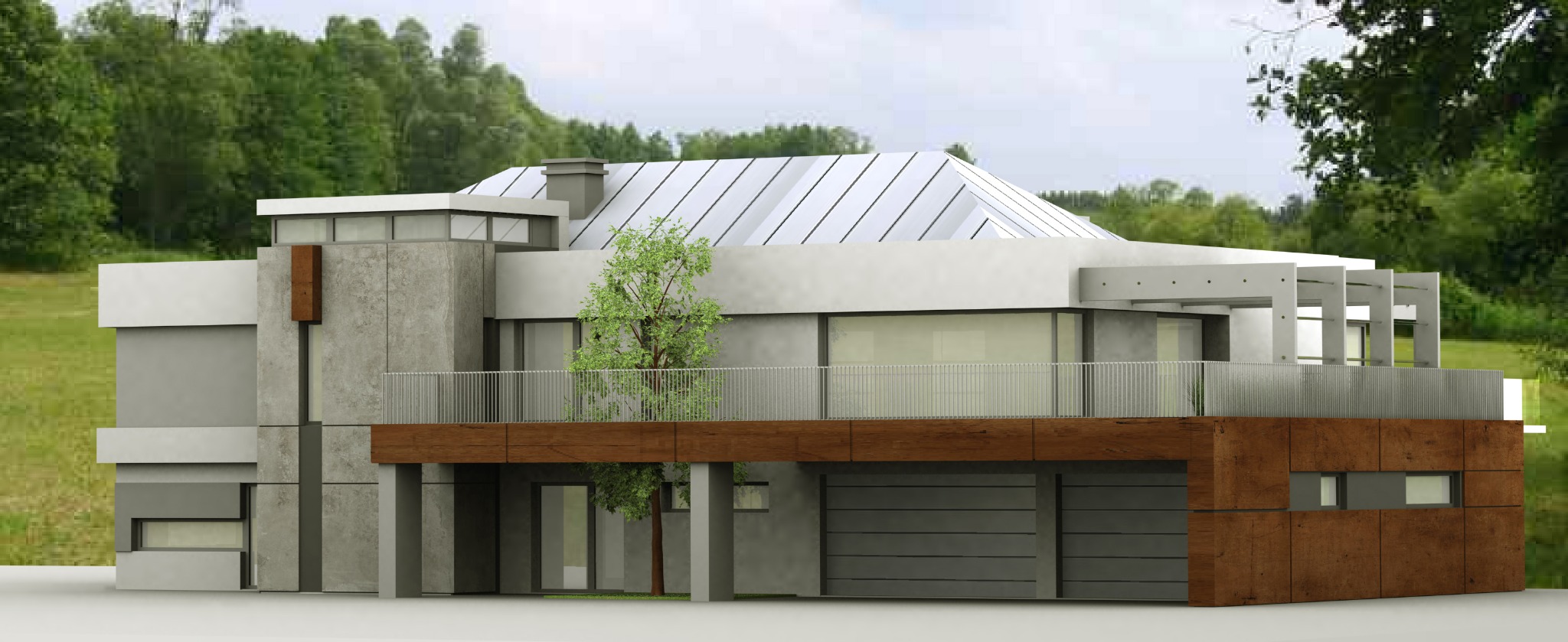 Wizualizacja nowoczesnego, dwukondygnacyjnego domu z płaskim dachem i szklaną konstrukcją, z balkonem z metalową balustradą, z garażem z bramą segmentową oraz z drzewem przed budynkiem.