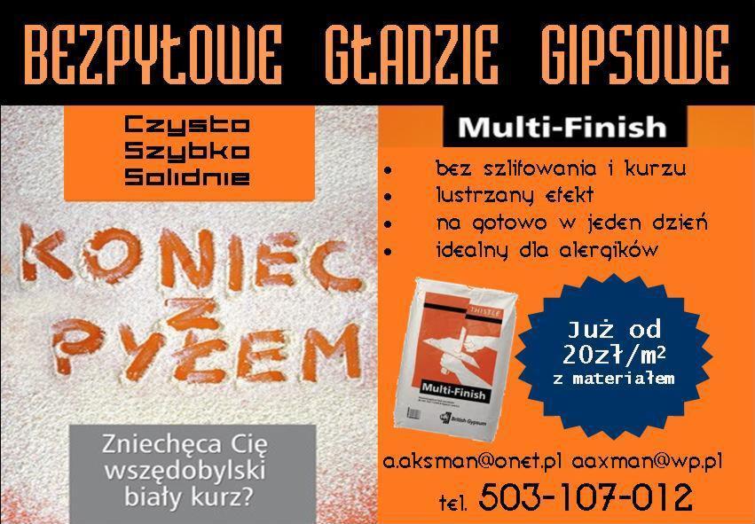 Reklama bezpyłowych gładzi gipsowych Multi-Finish z informacją o cenie od 20 zł/m2 i kontaktem telefonicznym, podkreślająca brak szlifowania i kurzu oraz efekt lustrzany.