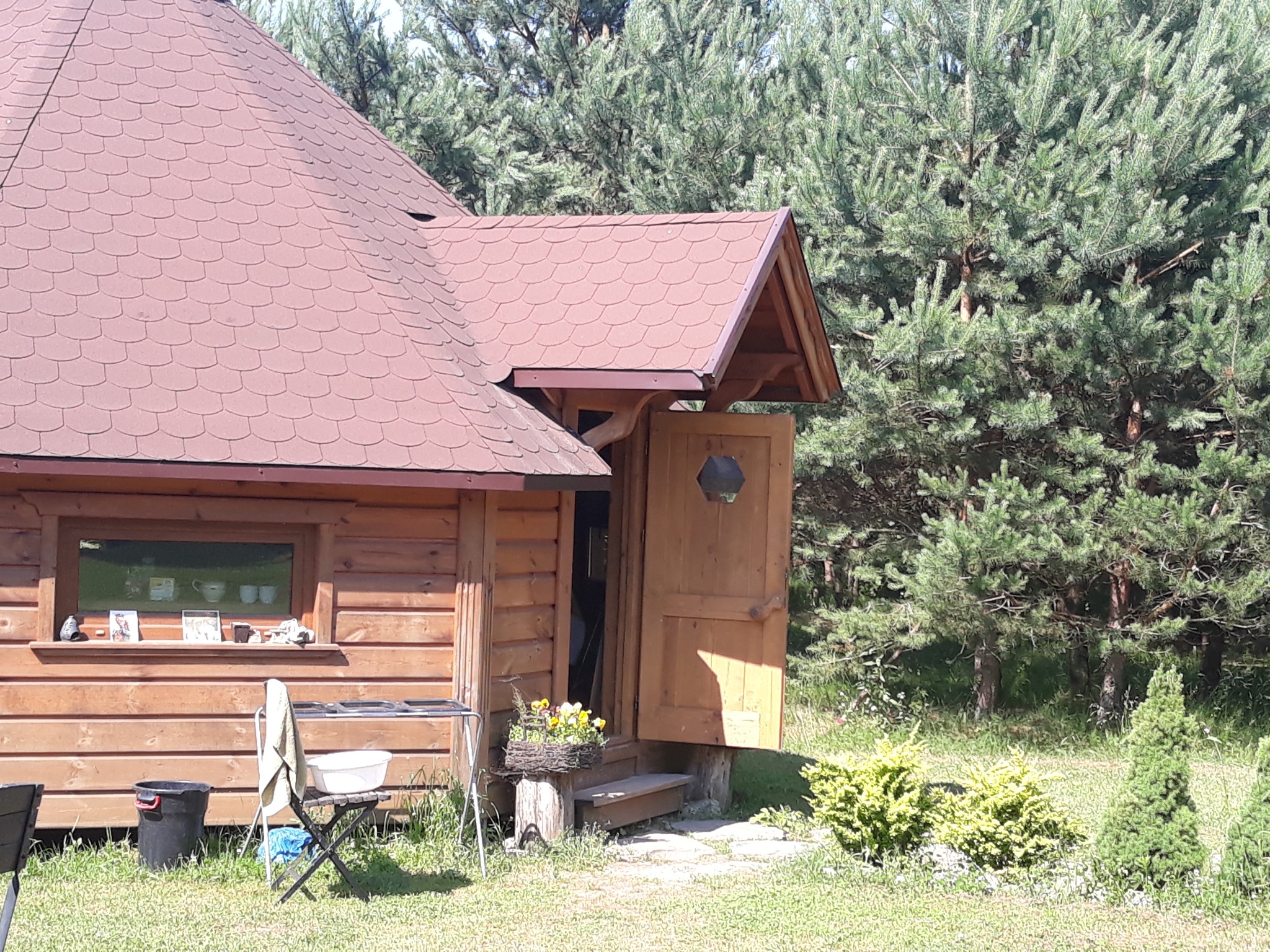 Drewniany domek z brązowym dachem krytym gontem bitumicznym, otwarte drzwi z dekoracją w kształcie serca, donica z żółtymi kwiatami na pniu, sosnowy las w tle.