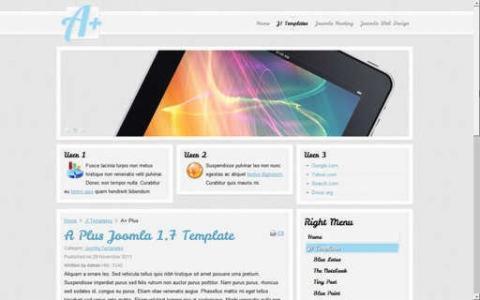 Layout strony internetowej z tabletem wyświetlającym abstrakcyjną grafikę w tle, minimalistyczny design z trzema sekcjami 'Uczeń' i menu po prawej stronie.
