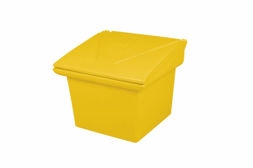 Żółty, plastikowy pojemnik z pokrywą, przeznaczony do przechowywania piasku lub soli, ustawiony na białym tle.