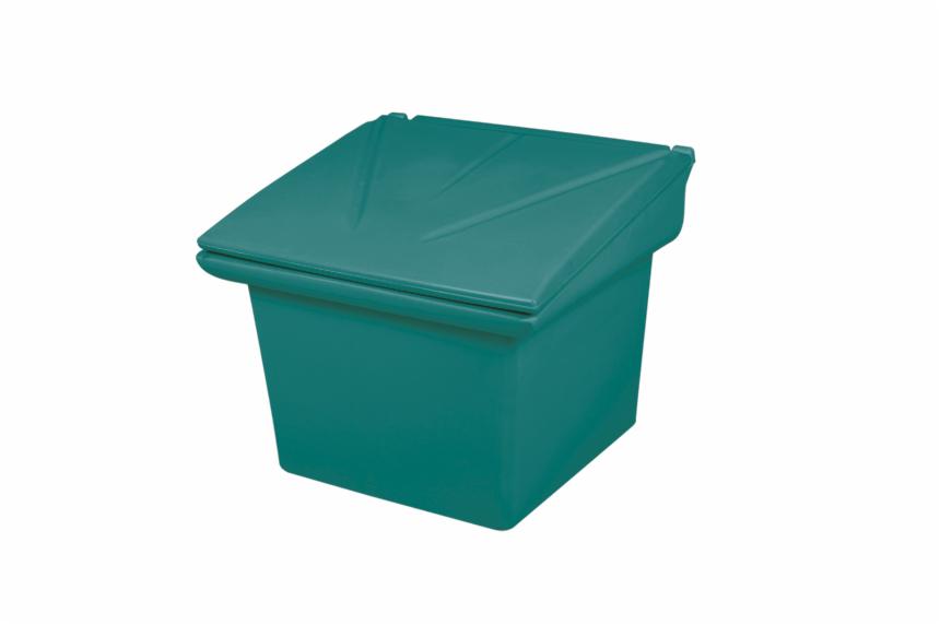 Pojemnik z tworzywa sztucznego w kolorze turkusowym z ukośną pokrywą, przeznaczony do przechowywania piasku lub soli.