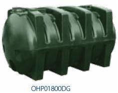 Zielony, prostokątny zbiornik na olej opałowy z widocznymi przetłoczeniami wzmacniającymi konstrukcję i oznaczeniem modelu OHP01800DG na białym tle.