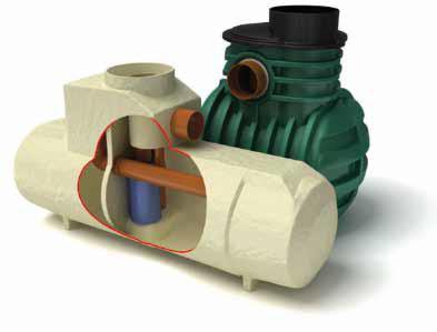 Przekrój separatora substancji ropopochodnych z widocznym wnętrzem, obok zielony zbiornik retencyjny z karbowaną powierzchnią.