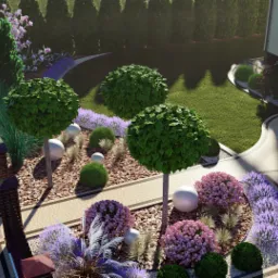 Wizualizacja ogrodu przydomowego z kulistymi krzewami, strzyżonym żywopłotem, rabatami kwiatowymi i ścieżką wyłożoną kostką brukową, oświetlona dekoracyjnymi kulami.