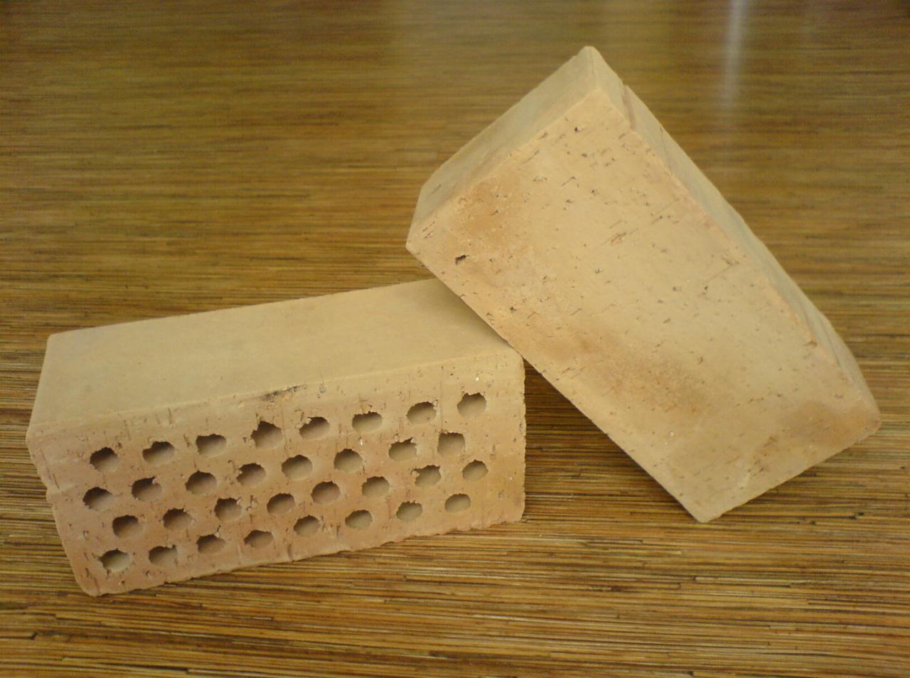 Dwie perforowane cegły ceramiczne ułożone na drewnianym podłożu, widoczne pory i drobne nierówności powierzchni.