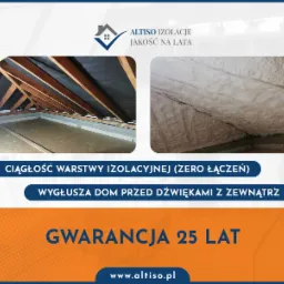 Prezentacja izolacji poddasza: po lewej surowa konstrukcja dachu z drewnianymi belkami, po prawej pokryta warstwą białej izolacji. Grafika reklamowa z logo firmy, hasłem o ciągłości izolacji...