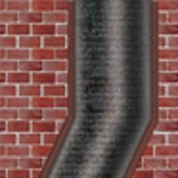 ZAKŁAD KOMINIARSKI KOMINIARCZYK - Czarne, teksturowane rury kominowe na tle ceglanej ściany i fragmentu błękitnego nieba, widoczne z zewnątrz budynku.