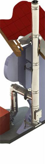 Wizualizacja 3D systemu kominowego ze stali kwasoodpornej, z fragmentem dachu i elementami konstrukcyjnymi budynku.