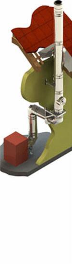 Schemat instalacji kominowej z rur kwasoodpornych, obejmujący fragment dachu z czerwoną dachówką oraz element podłączenia do pieca.