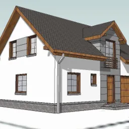 Wizualizacja 3D domu jednorodzinnego z garażem, białe ściany, szary dach, drewniane elementy wykończeniowe, widok z perspektywy.