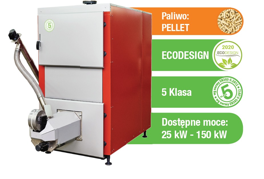 Kocioł na pellet o mocy 25-150 kW, z podajnikiem i certyfikatem Ecodesign, oznaczony klasą 5, z widocznym napisem 'Ekopal +'