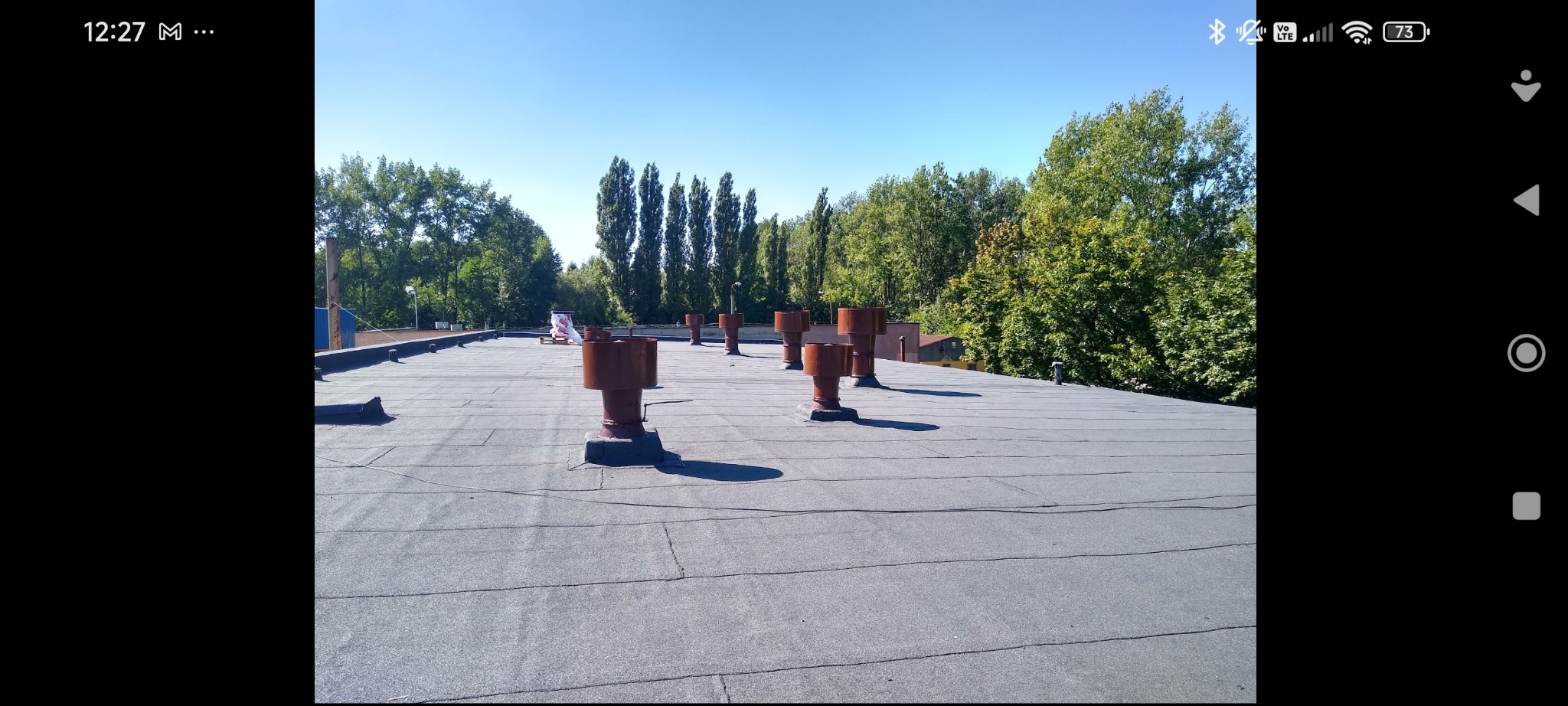 Płaski dach pokryty papą z widocznymi kominami wentylacyjnymi. W tle zieleń drzew i błękitne niebo. Widoczne łączenia papy. Kominki w kolorze rdzawym.