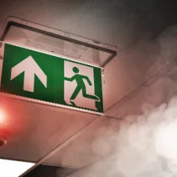 Podświetlony znak ewakuacyjny z zieloną strzałką i sylwetką biegnącego człowieka, zamontowany na suficie, z widocznym czujnikiem dymu i unoszącym się dymem.