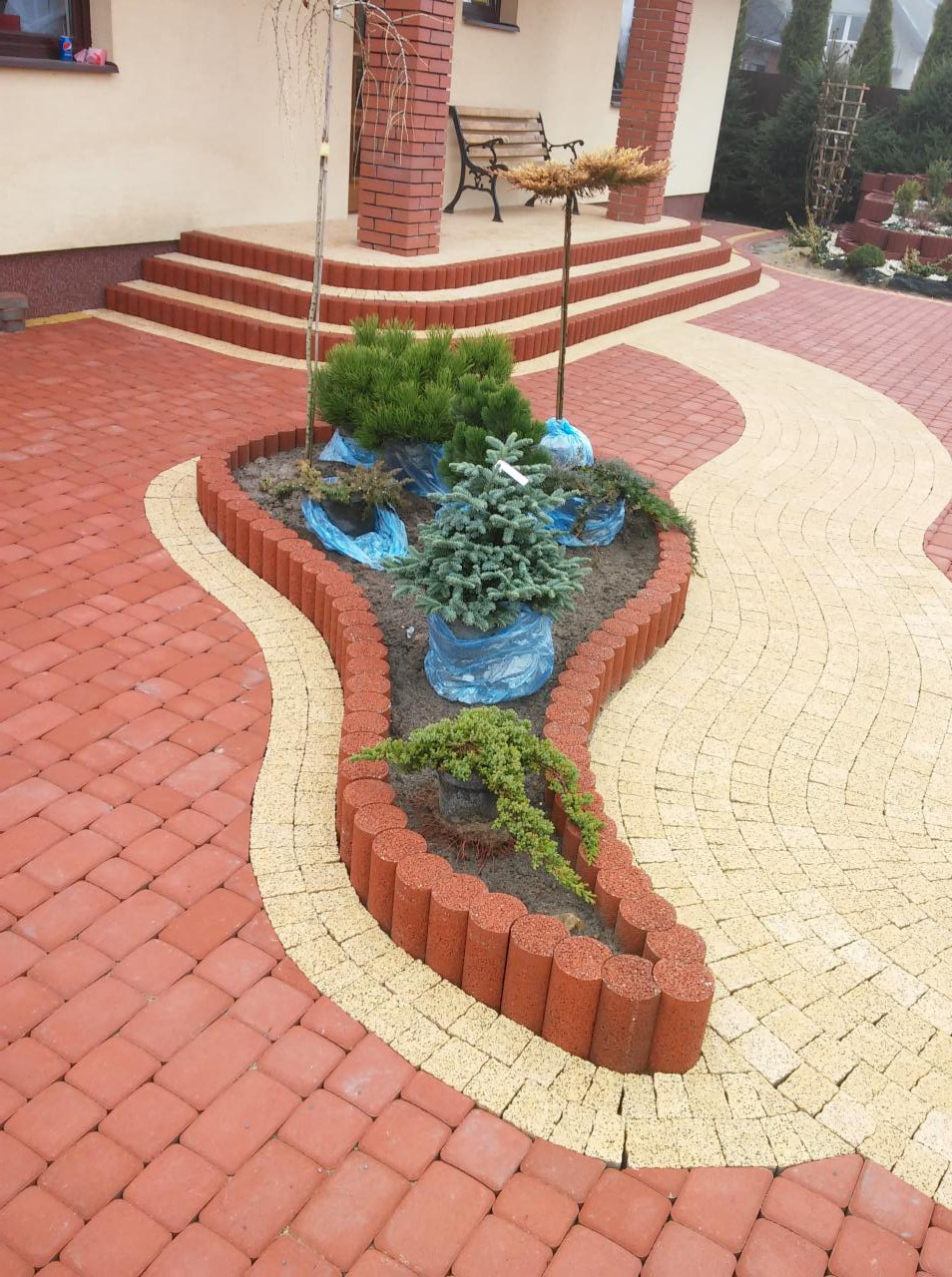 Ogród z kostki brukowej w odcieniach czerwieni i beżu, z rabatą obrzeżoną kostką cylindryczną. W rabacie posadzone iglaki, niektóre jeszcze w osłonach.