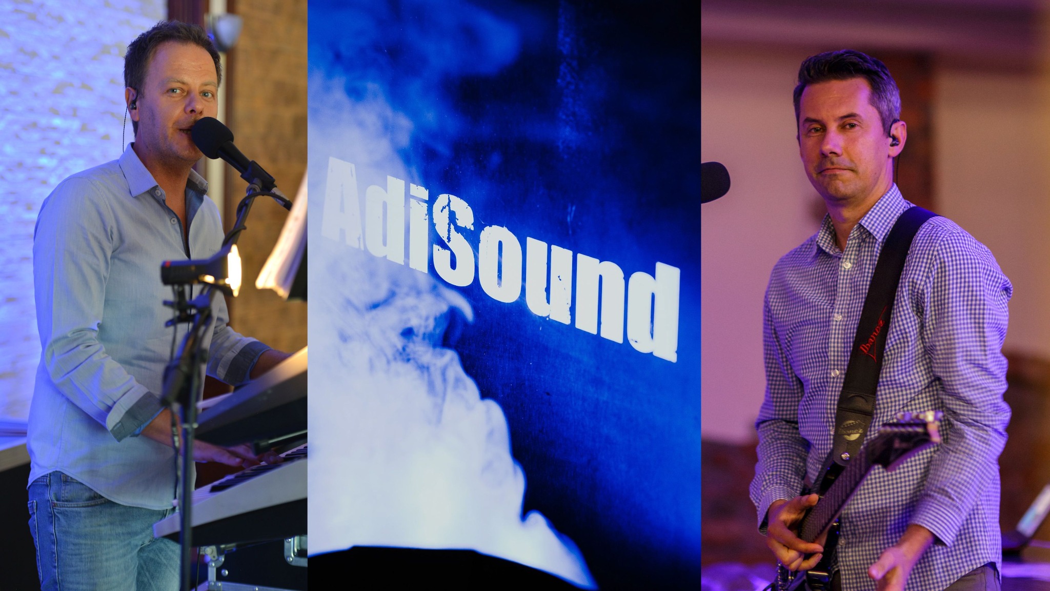 Kolaż przedstawiający dwóch muzyków podczas występu: jeden gra na keyboardzie i śpiewa do mikrofonu, drugi gra na gitarze, a w centrum widoczny napis 'Adisound' na tle z efektem dymu i niebieskiego...