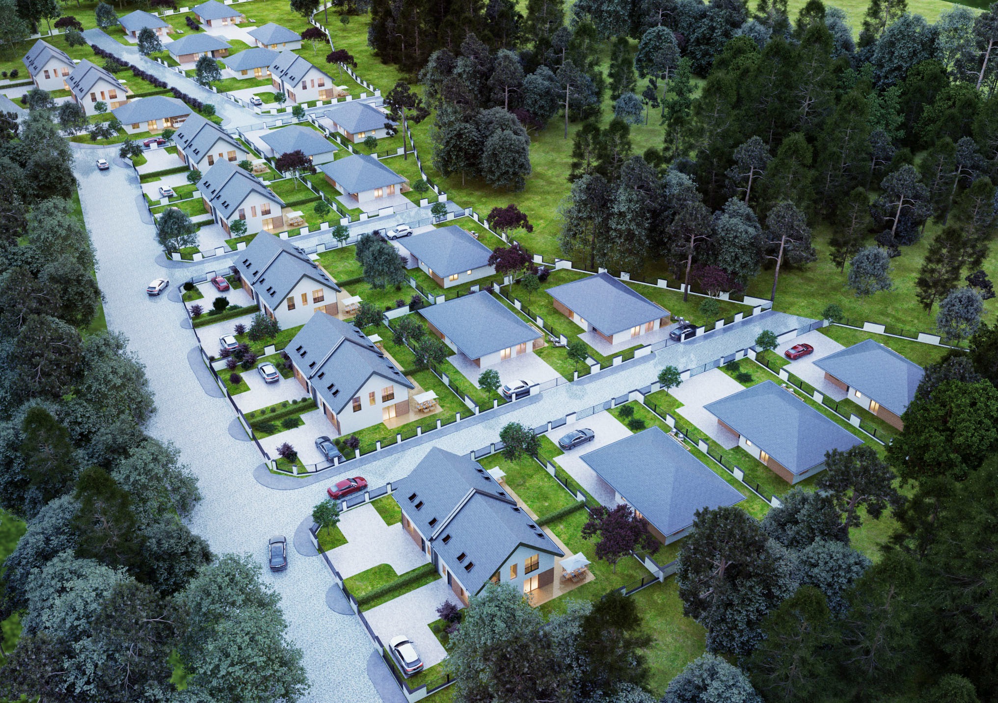 Wizualizacja osiedla domów jednorodzinnych z lotu ptaka, ukazująca regularny układ budynków z szarymi dachami, ogrodzone działki z zielonymi trawnikami, brukowane drogi dojazdowe i otaczającą...