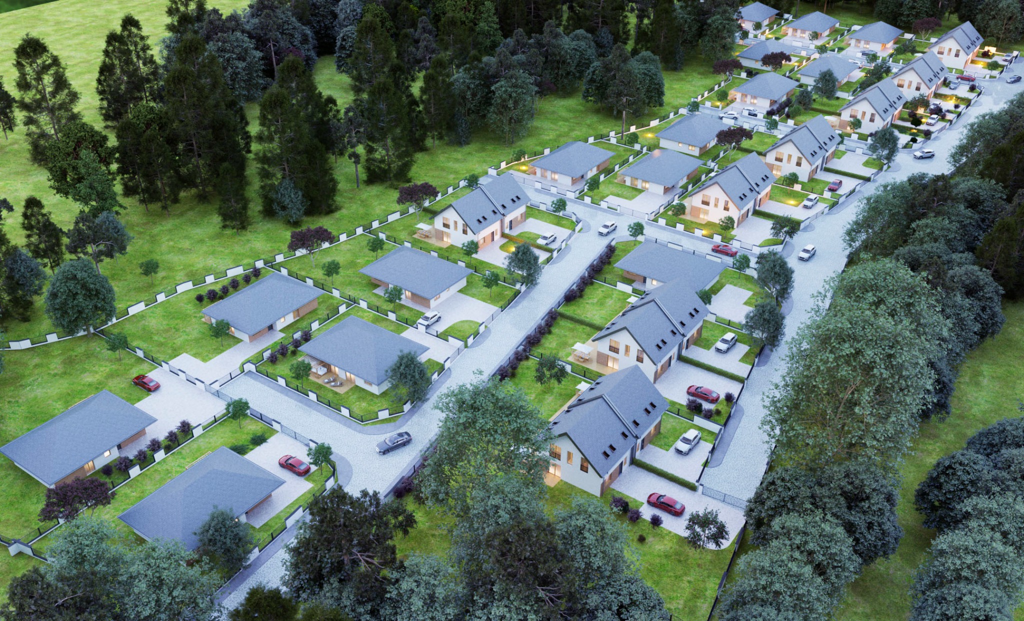 Wizualizacja osiedla domów jednorodzinnych z szarymi dachami, widok z lotu ptaka ukazuje zagospodarowanie terenu z zielenią, ogrodzeniami i samochodami.