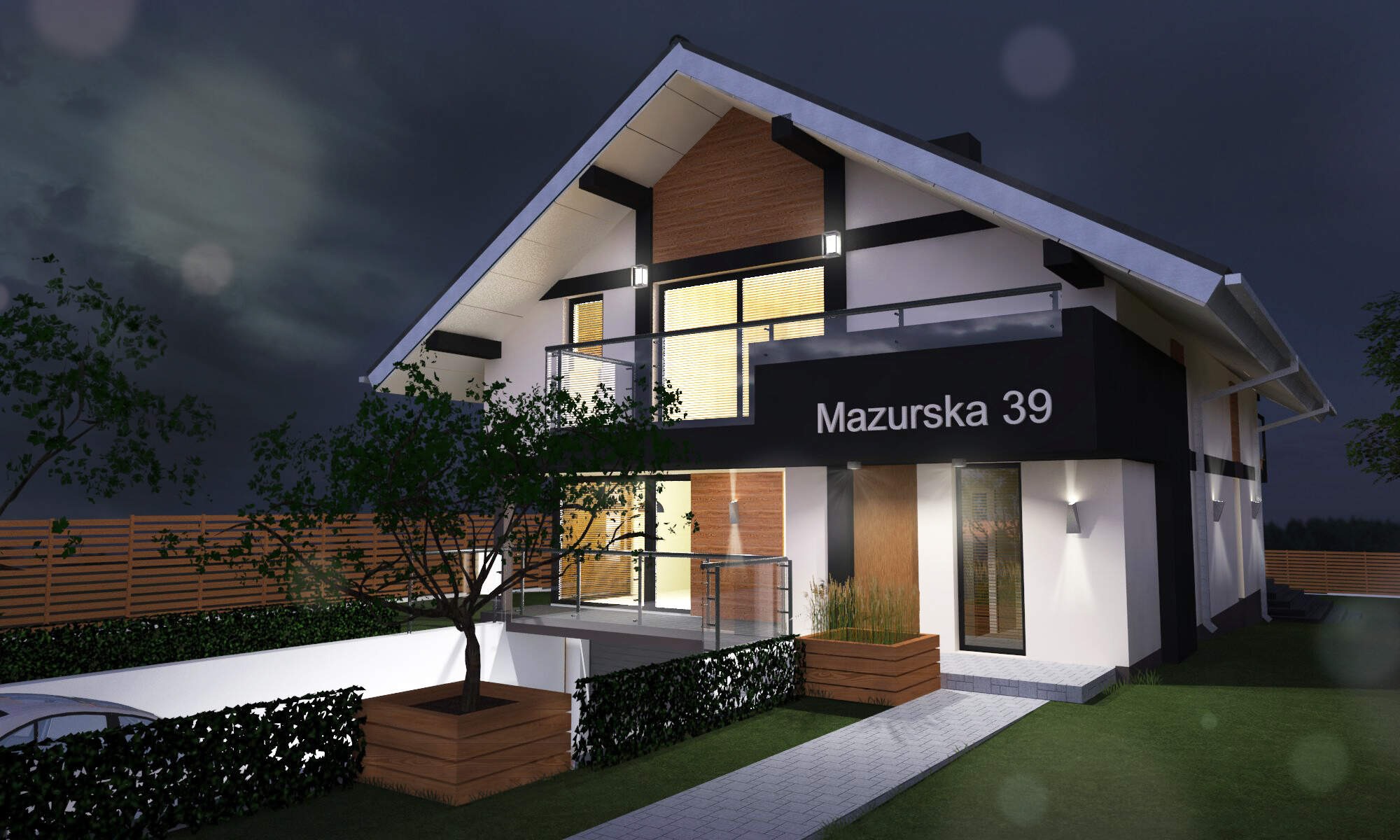 Wizualizacja 3D nowoczesnego domu jednorodzinnego z adresem 'Mazurska 39' w Kielcach, z oświetleniem zewnętrznym i starannie zaprojektowanym ogrodem w nocnej scenerii.