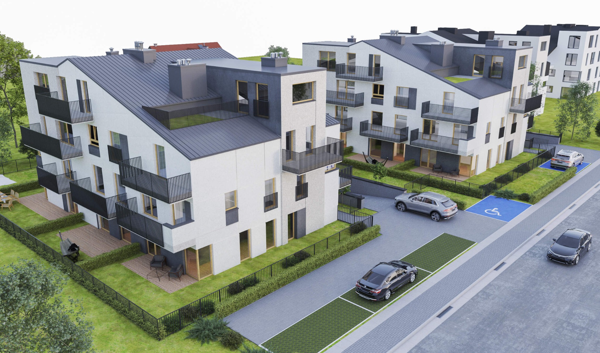 Wizualizacja osiedla mieszkaniowego z nowoczesną architekturą, obejmująca budynki z balkonami, parkingiem z miejscem dla niepełnosprawnych i zagospodarowaną zielenią.