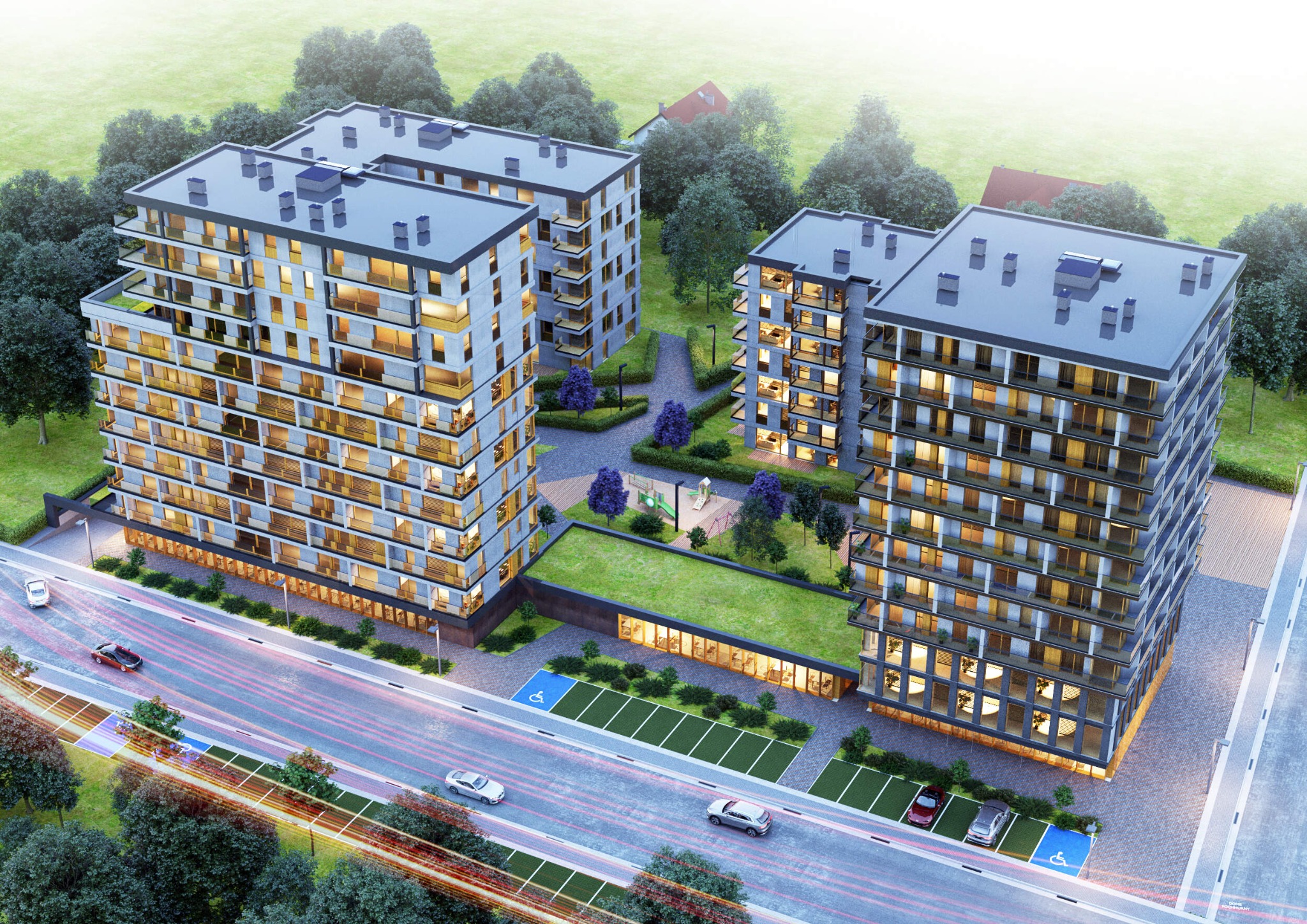 Wizualizacja architektoniczna zespołu budynków mieszkalnych wielorodzinnych z zielonym dachem nad częścią usługową, parkingiem i drogą z ruchem samochodowym.