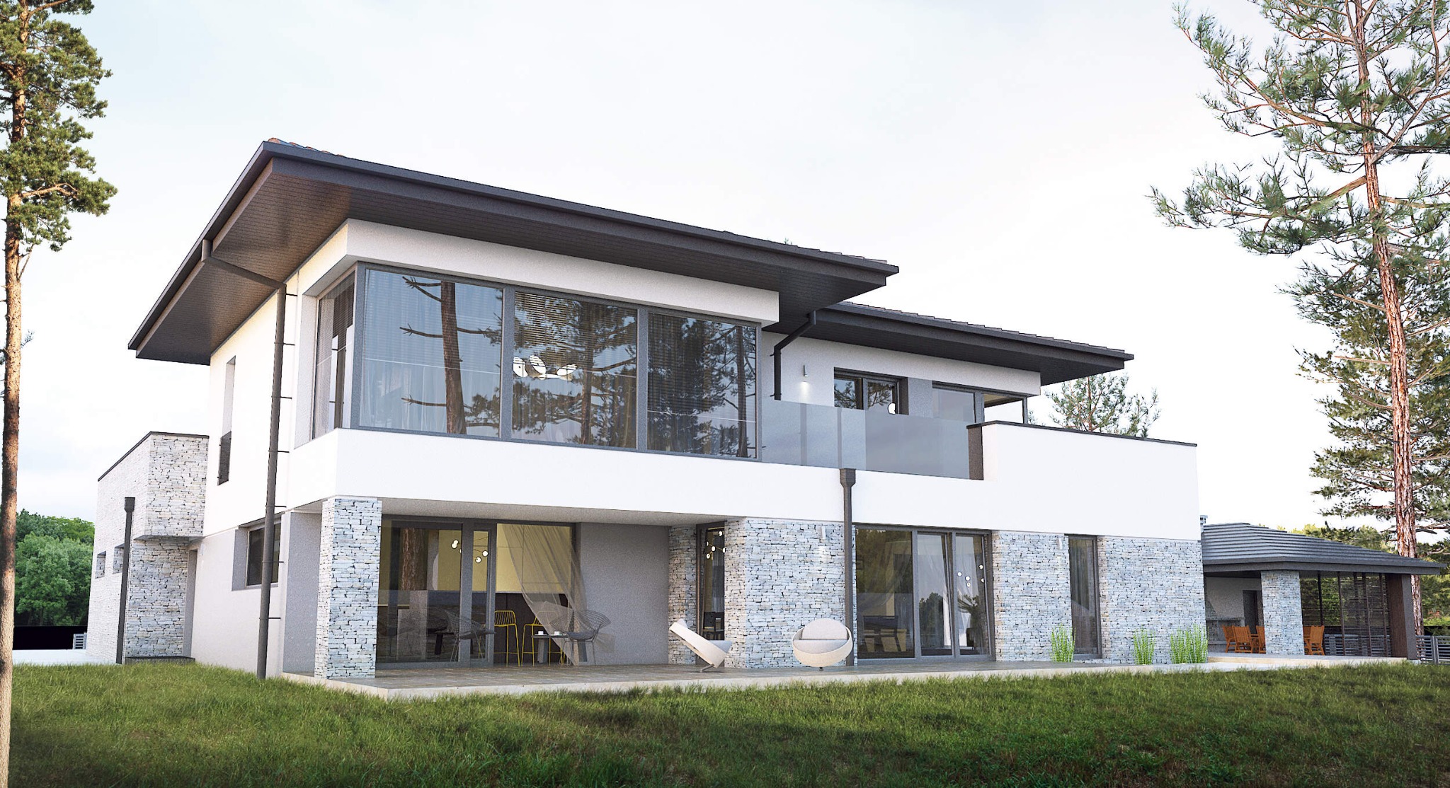 Wizualizacja nowoczesnego, dwukondygnacyjnego domu z białymi ścianami i kamienną elewacją, dużymi oknami z roletami oraz przylegającym budynkiem gospodarczym, otoczonego zielenią.