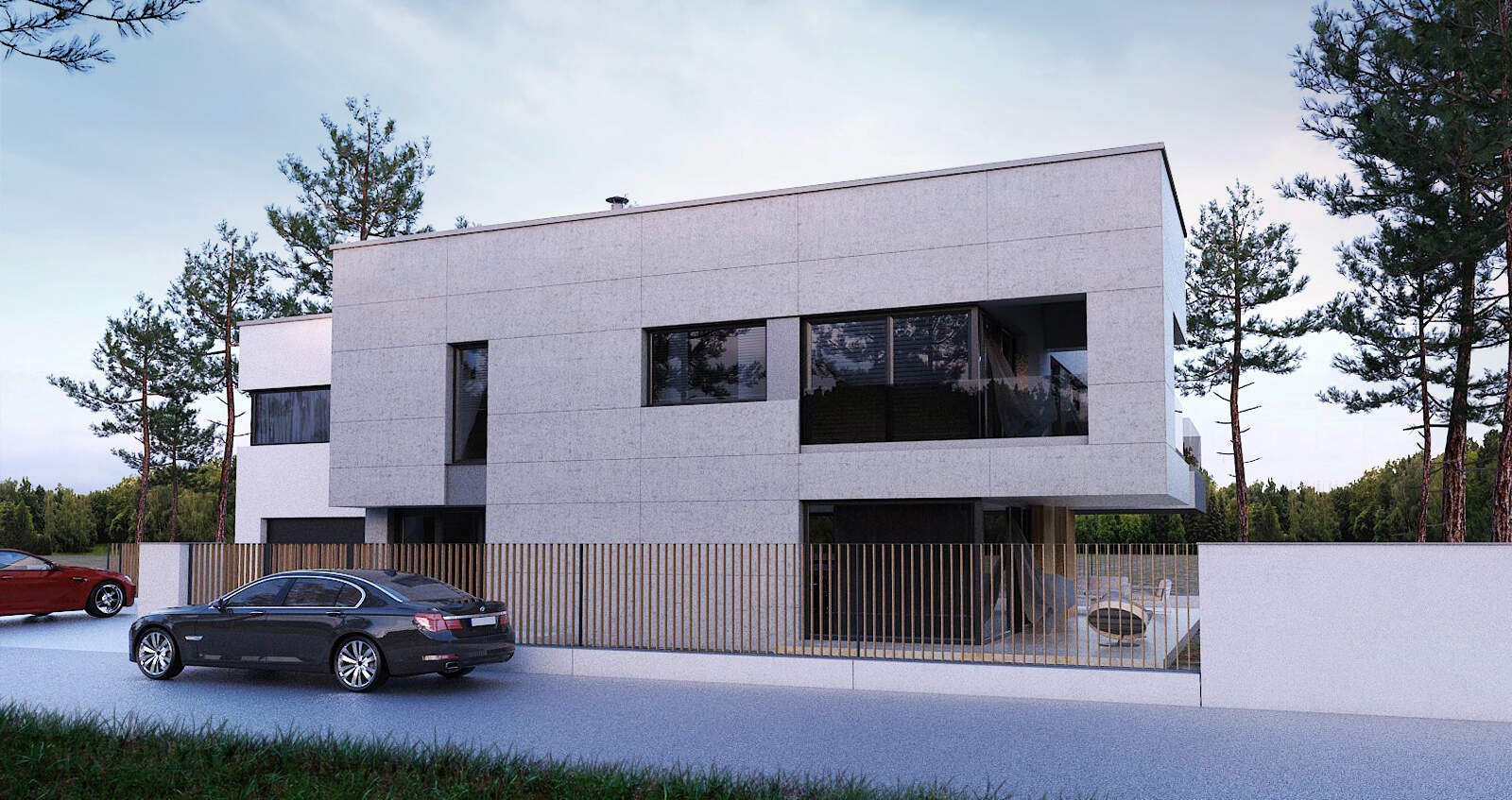 Wizualizacja nowoczesnego domu jednorodzinnego z płaskim dachem i elewacją z jasnoszarego betonu architektonicznego, z widocznymi dwoma samochodami na podjeździe i elementami zieleni w tle.