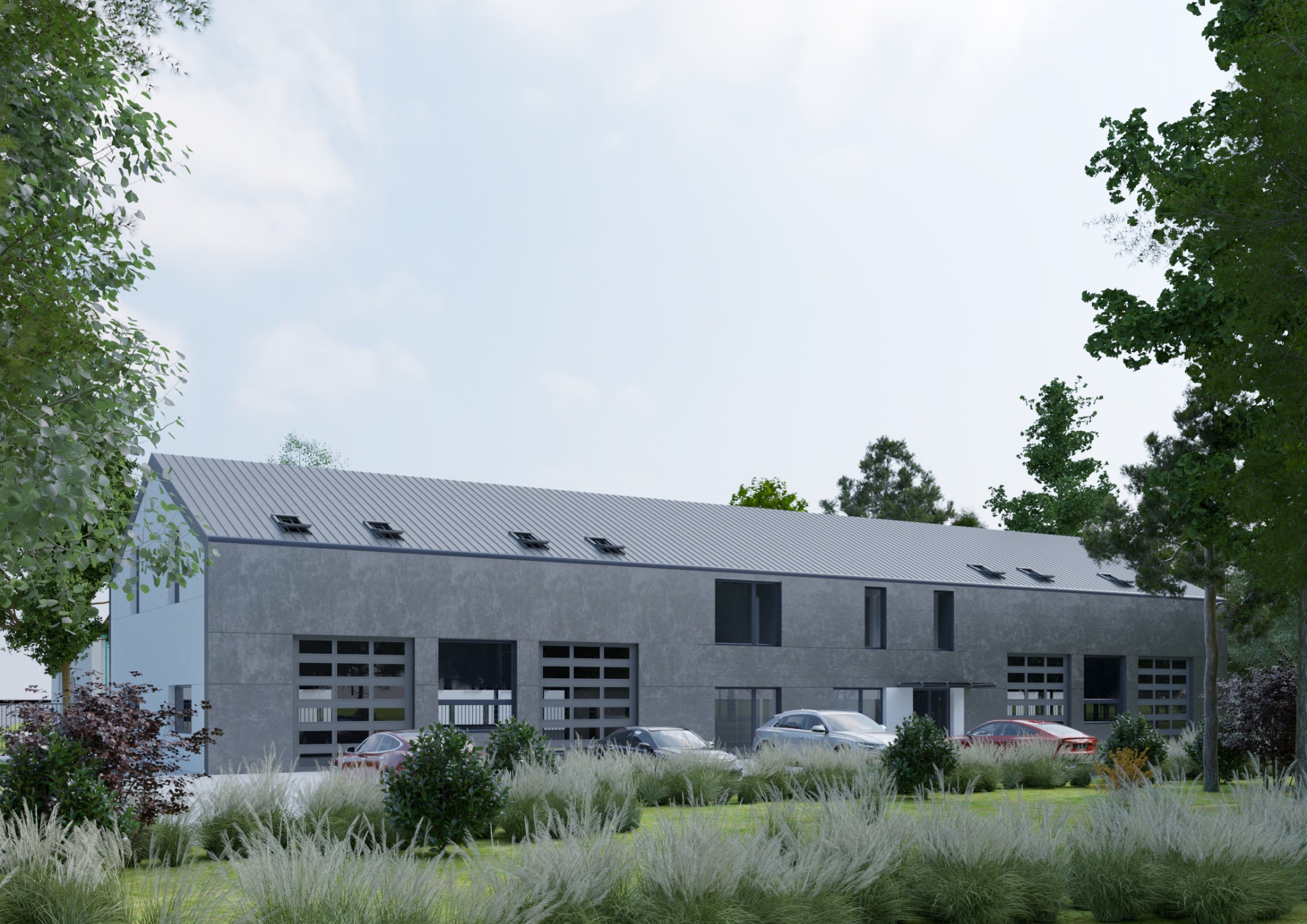 Wizualizacja hali z szarej blachy trapezowej z oknami dachowymi, trzema bramami garażowymi i trzema samochodami na podjeździe, otoczona zielenią.