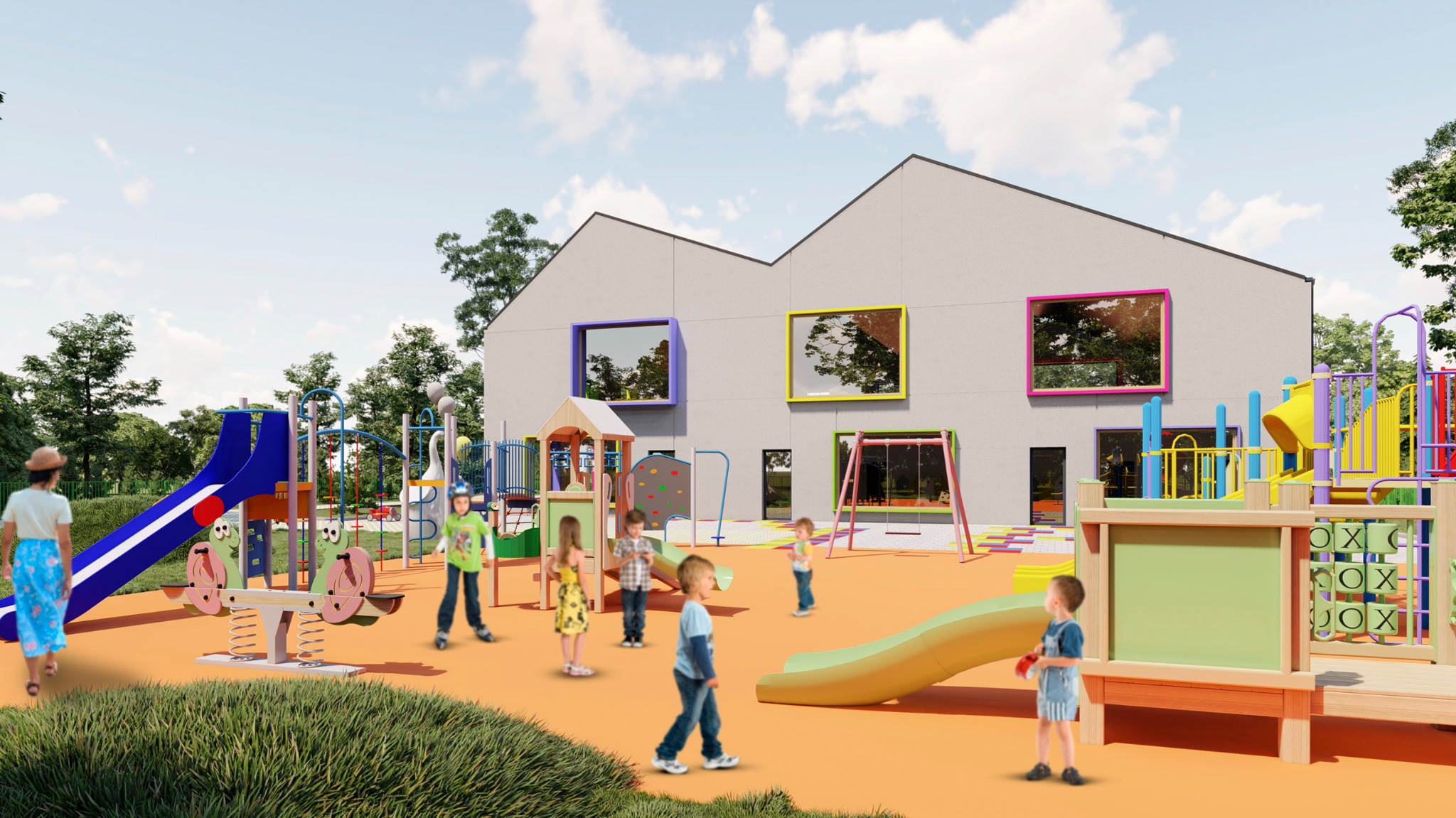 Wizualizacja placu zabaw przy przedszkolu z kolorowymi oknami i różnorodnymi urządzeniami do zabawy, takimi jak zjeżdżalnie, huśtawki i bujaki.
