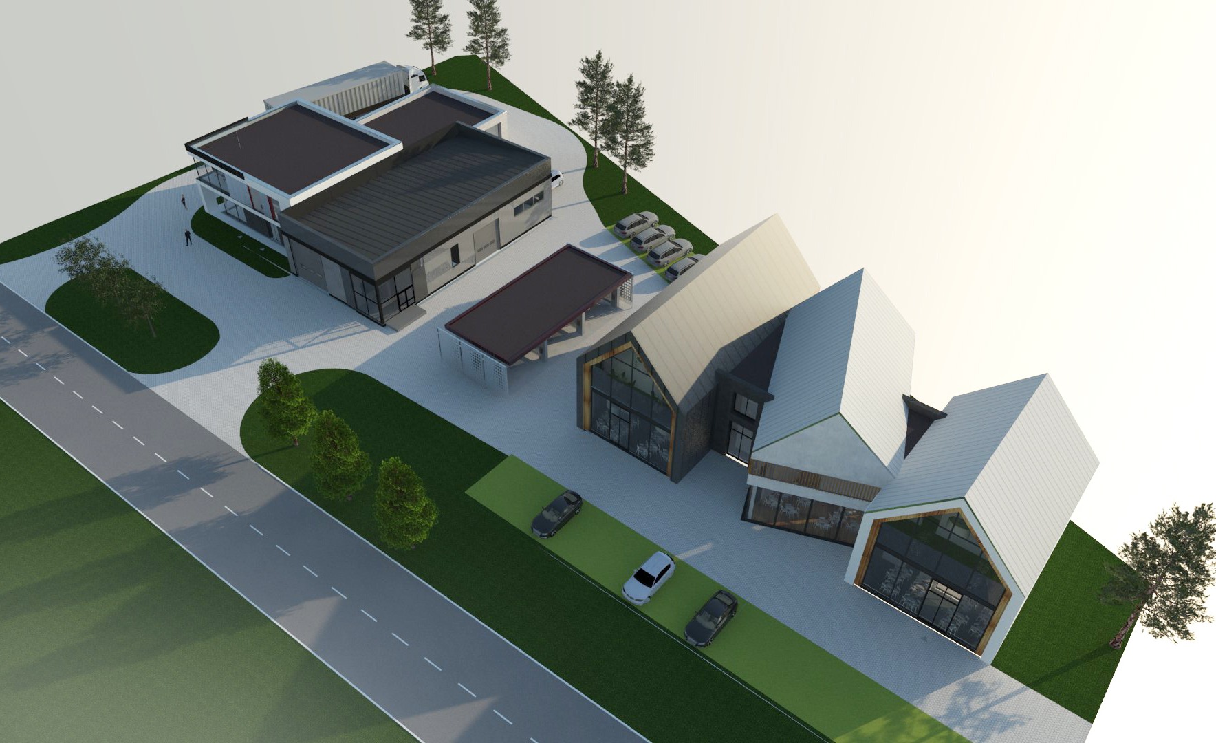 Wizualizacja 3D nowoczesnego kompleksu budynków z różnymi typami konstrukcji, obejmującego budynek biurowy z przeszkloną fasadą, halę magazynową z rampą załadunkową, wiatę oraz budynek usługowy...