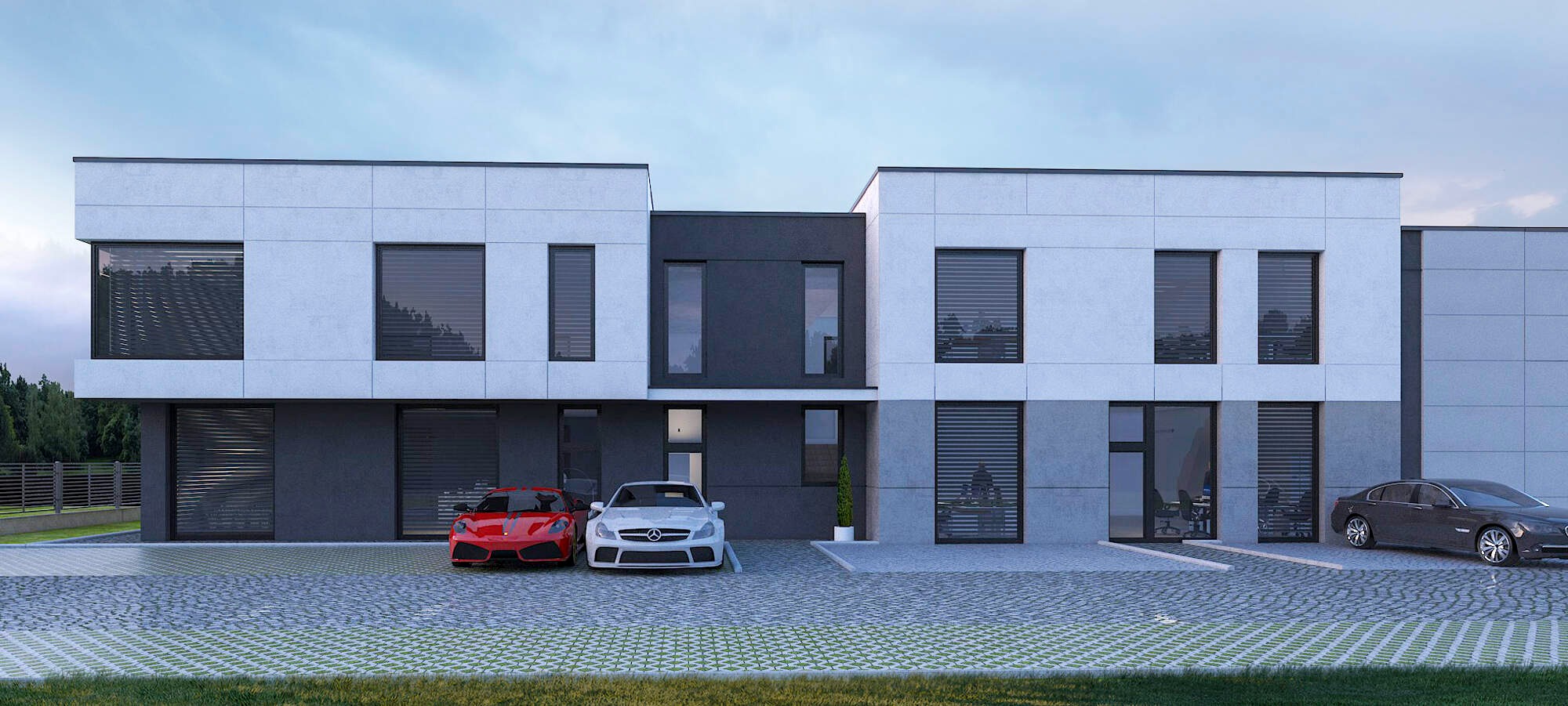 Wizualizacja nowoczesnego budynku biurowego z dwoma kondygnacjami, wykończonego panelami w odcieniach szarości i bieli, z trzema zaparkowanymi samochodami: czerwonym Ferrari, białym Mercedesem...